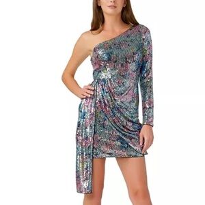 Aidan by Aidan Mattox Printed One-Shoulder Sequin Mini Dress Cocktail Sz 12